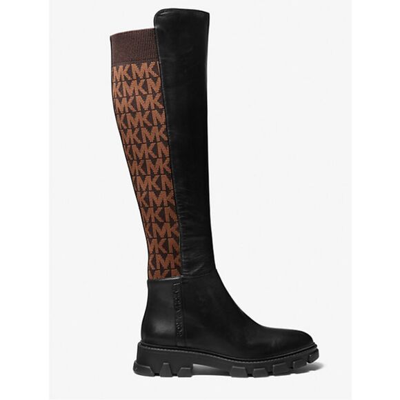 Michael Kors Ridley Leather and Logo Jacquard Knee Boot Size 9.5 New - Picture 1 of 9